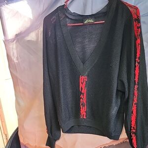 Elle Black V-Neck Sweater with Red Accents